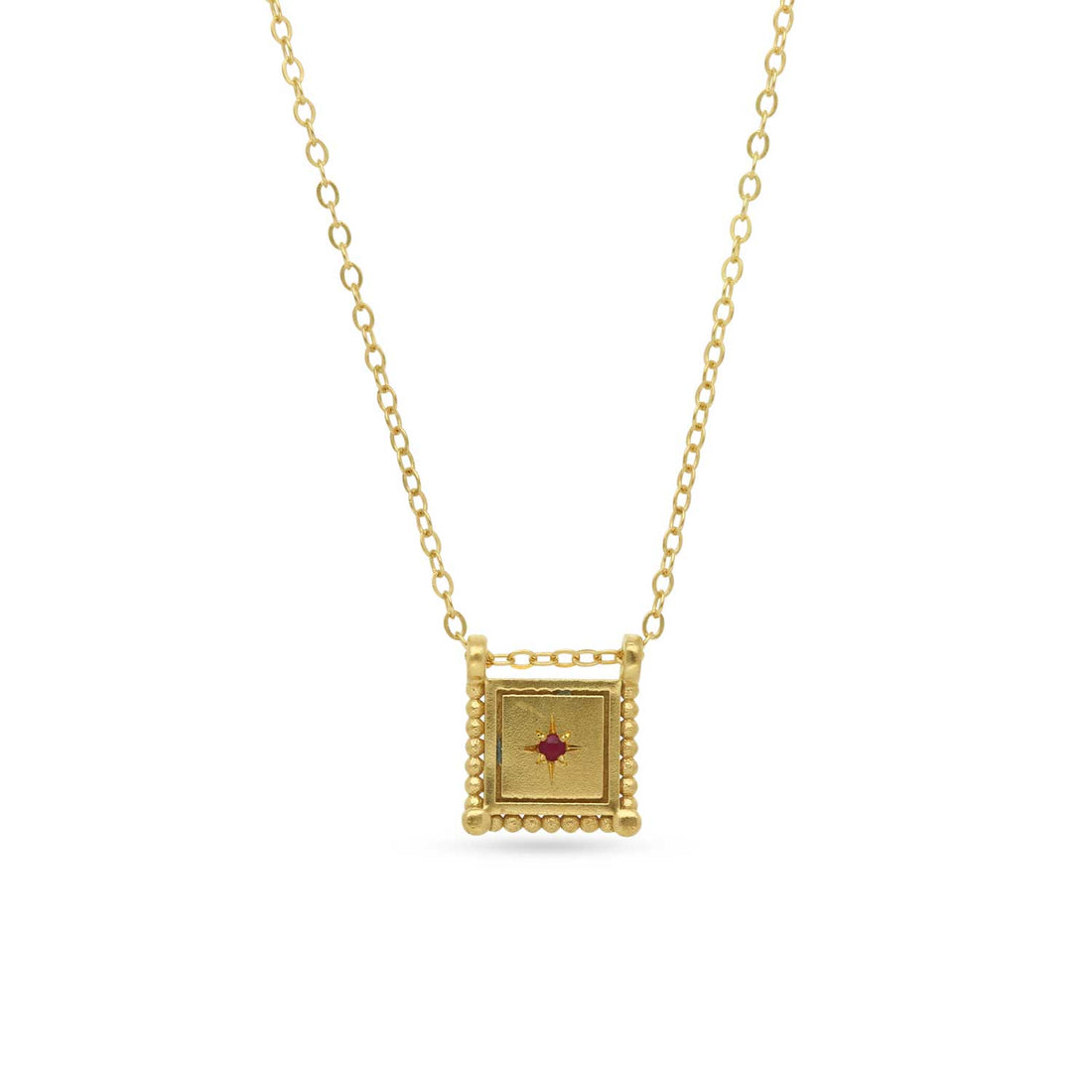 Square Slider Necklace Gold Plated with Ruby Made by ethical jeweller E.C.One London in our B Corp certified workshop