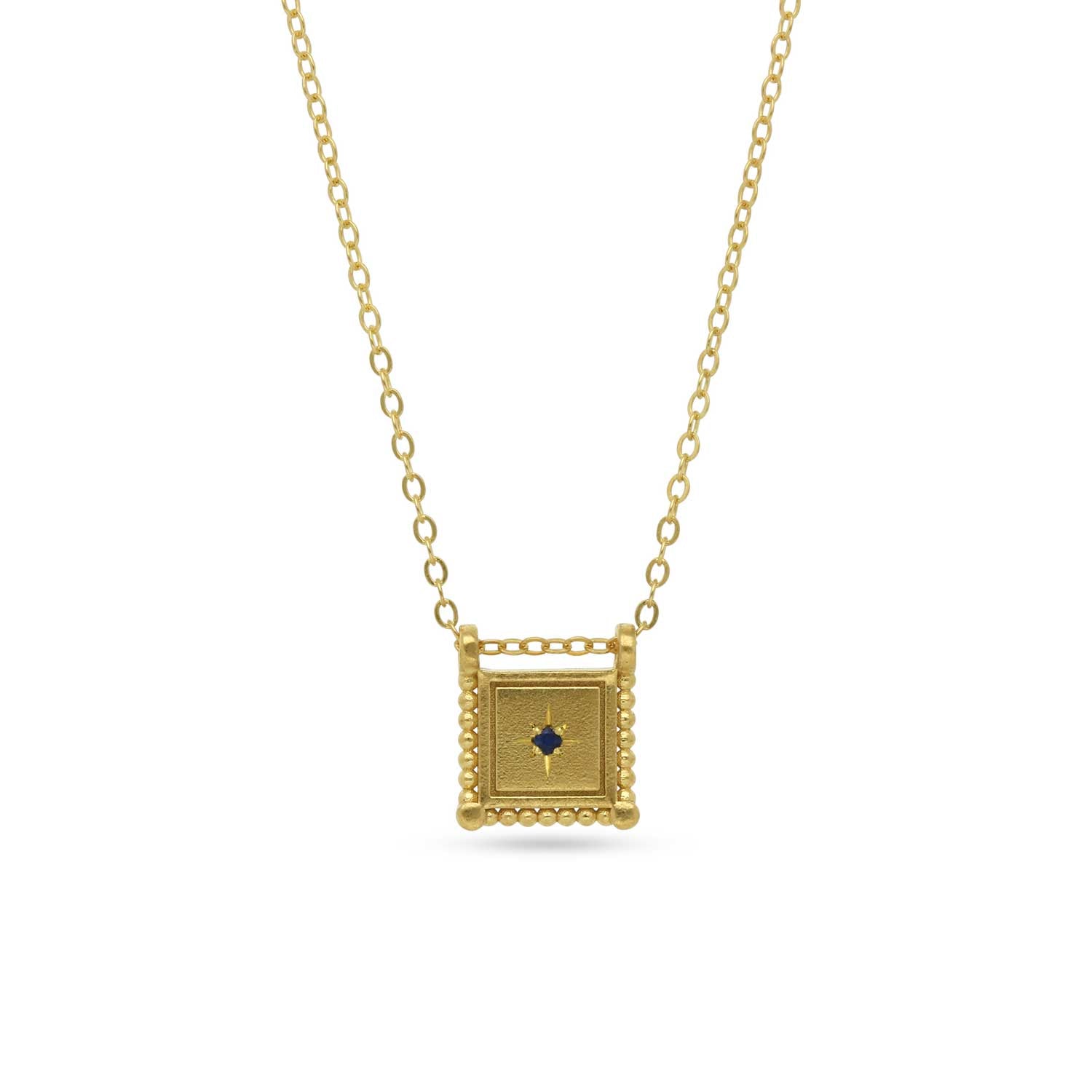 Square Slider Necklace Gold Plated with Sapphire Made by ethical jeweller E.C.One London in our B Corp certified workshop