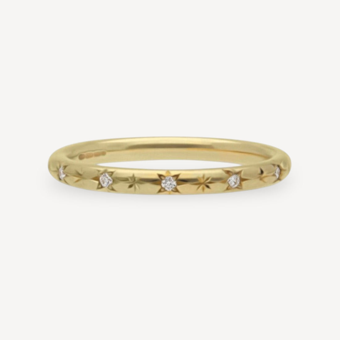E.C. One NANCY Gold Wedding Ring with Engraved & Diamond Detailing made in our B Corp London workshop