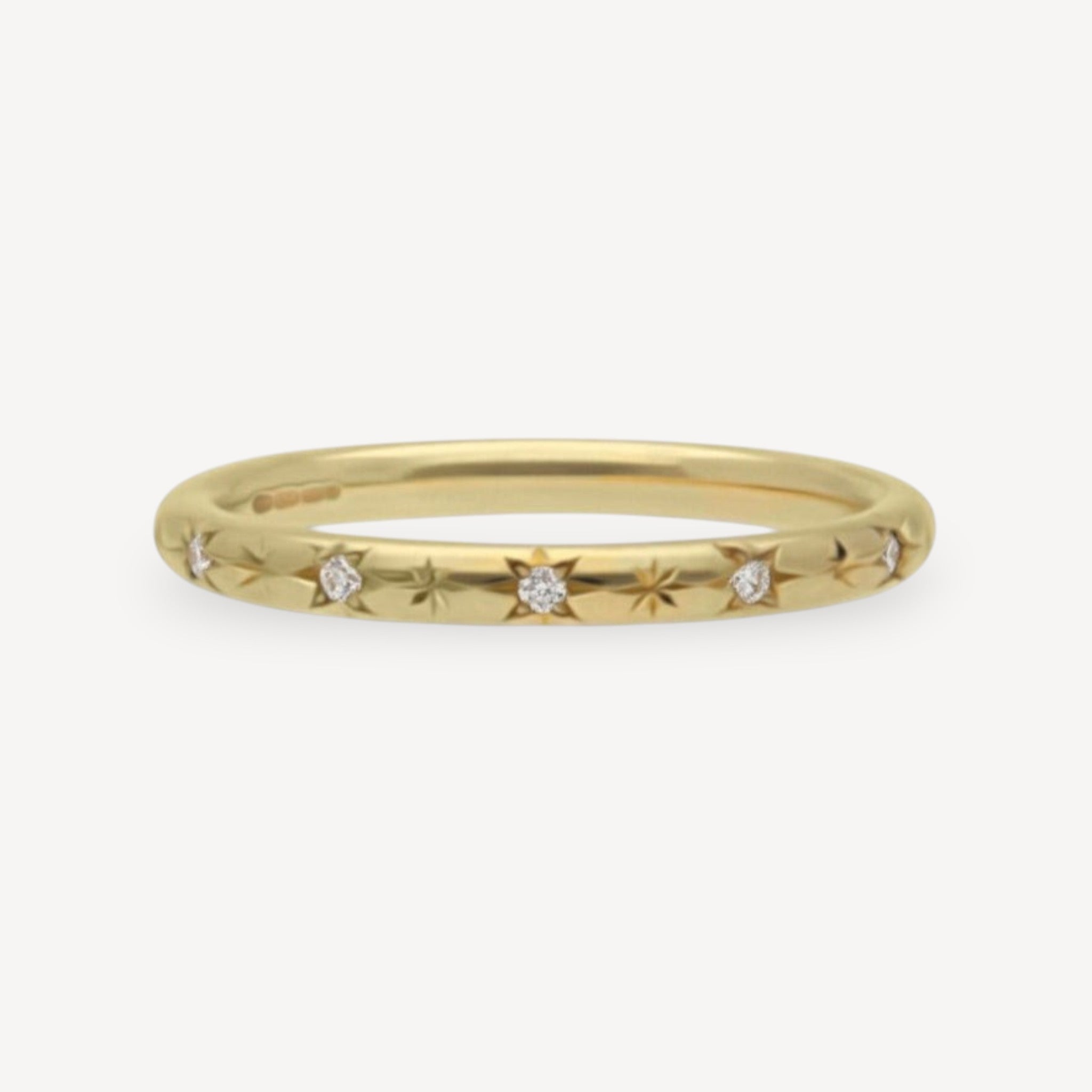 E.C. One NANCY Gold Wedding Ring with Engraved & Diamond Detailing made in our B Corp London workshop