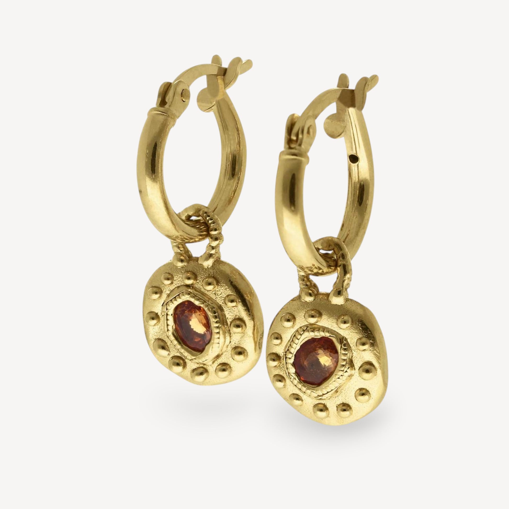 EC One SUN RA Drop Earrings with orange sapphires, gold plated recycled silver, unique antique treasure feel.