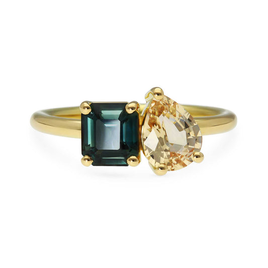 ethical engagement ring by E.C.One London Toi et Moi ring with teal and peach sapphires. Made in recycled gold in our onsite B Corp workshop