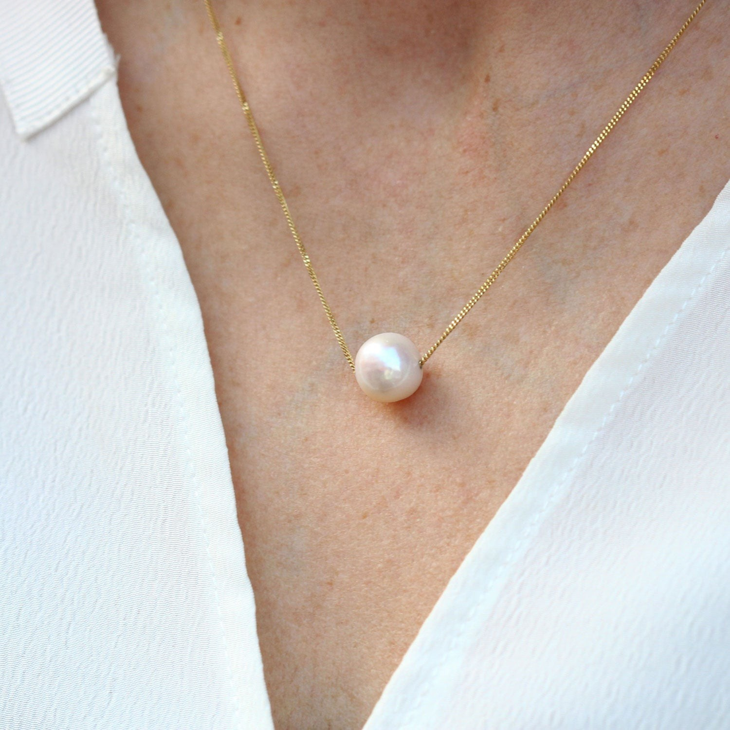 EC One Necklace with White Pearl on yellow gold chain