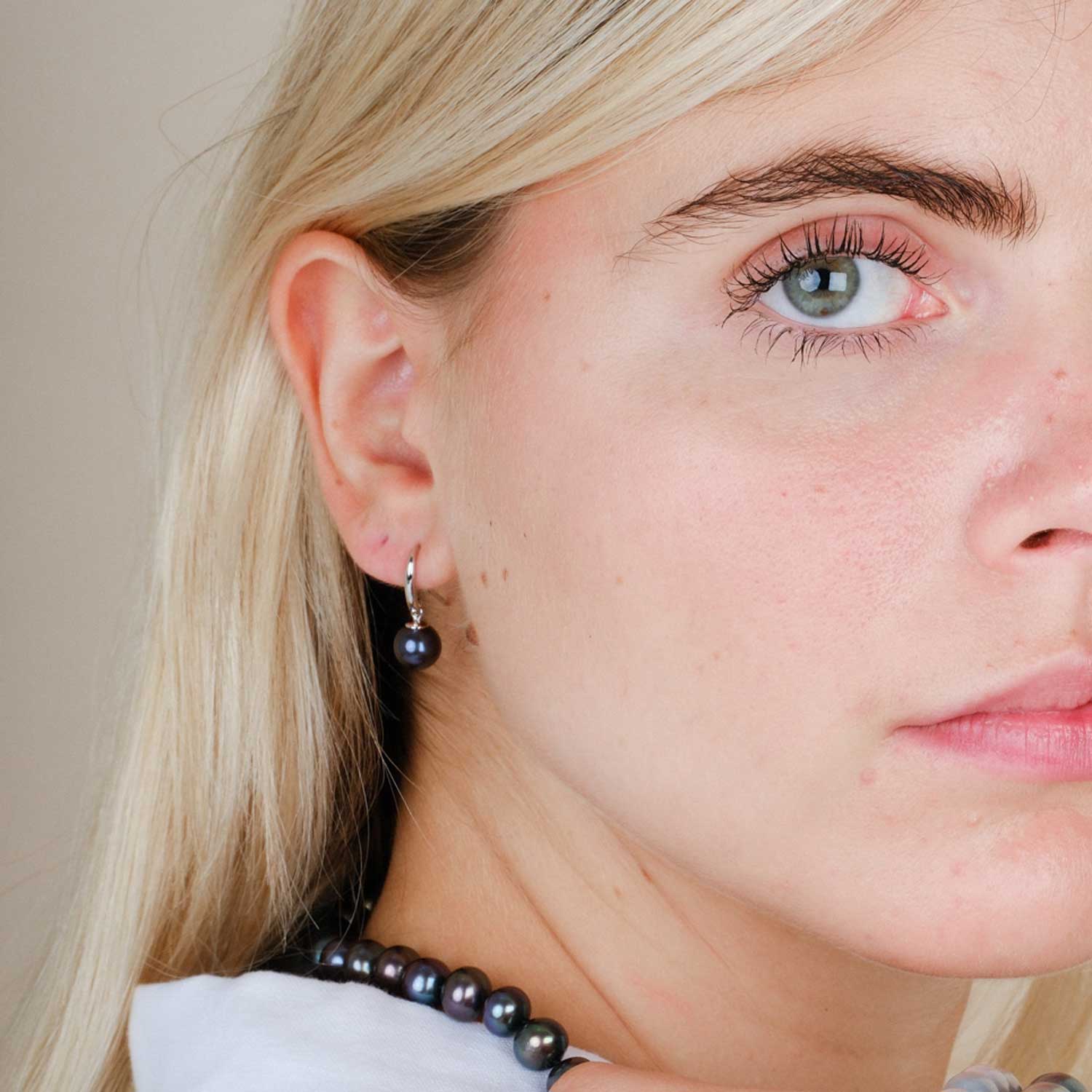 Fresh Water Black Pearl silver hook earrings by ethical London jeweller E.C.One