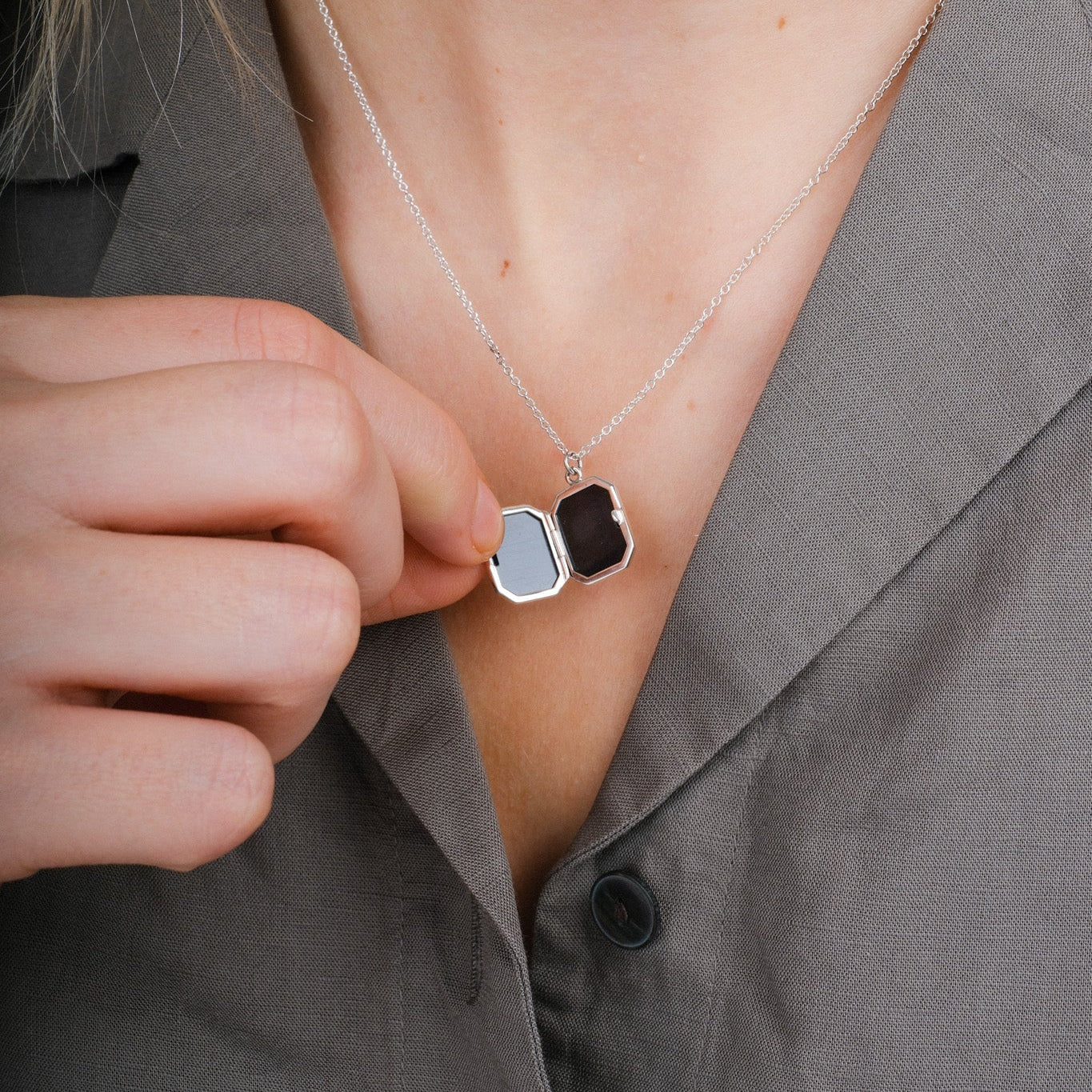 Small Angled Rectangular Silver Locket Necklace