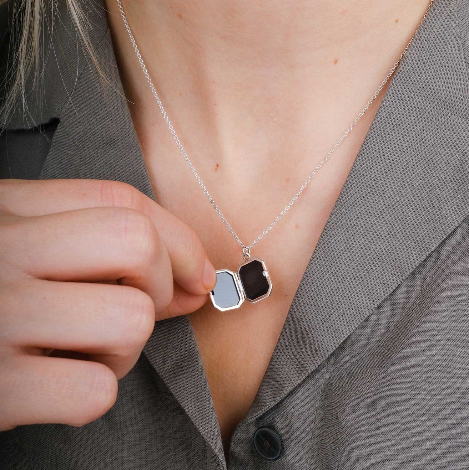 EC One Small Angled Rectangular Silver Locket Necklace