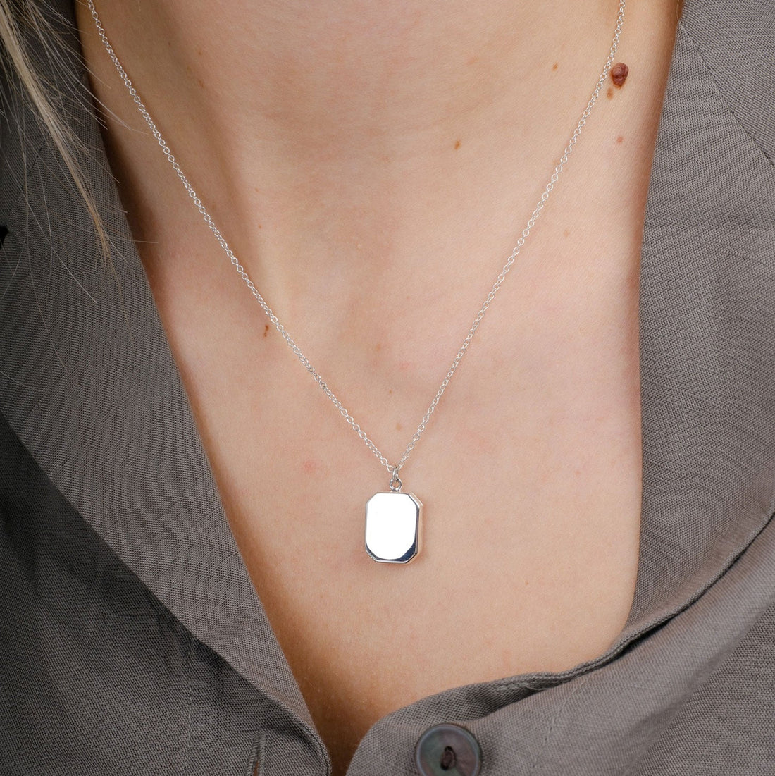 EC One Small Angled Rectangular Silver Locket Necklace