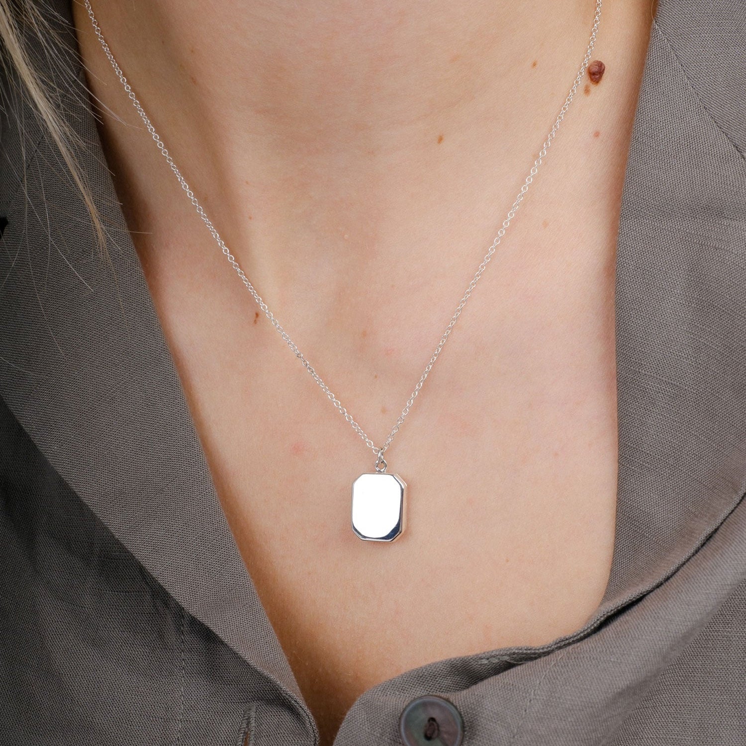 EC One Small Angled Rectangular Silver Locket Necklace