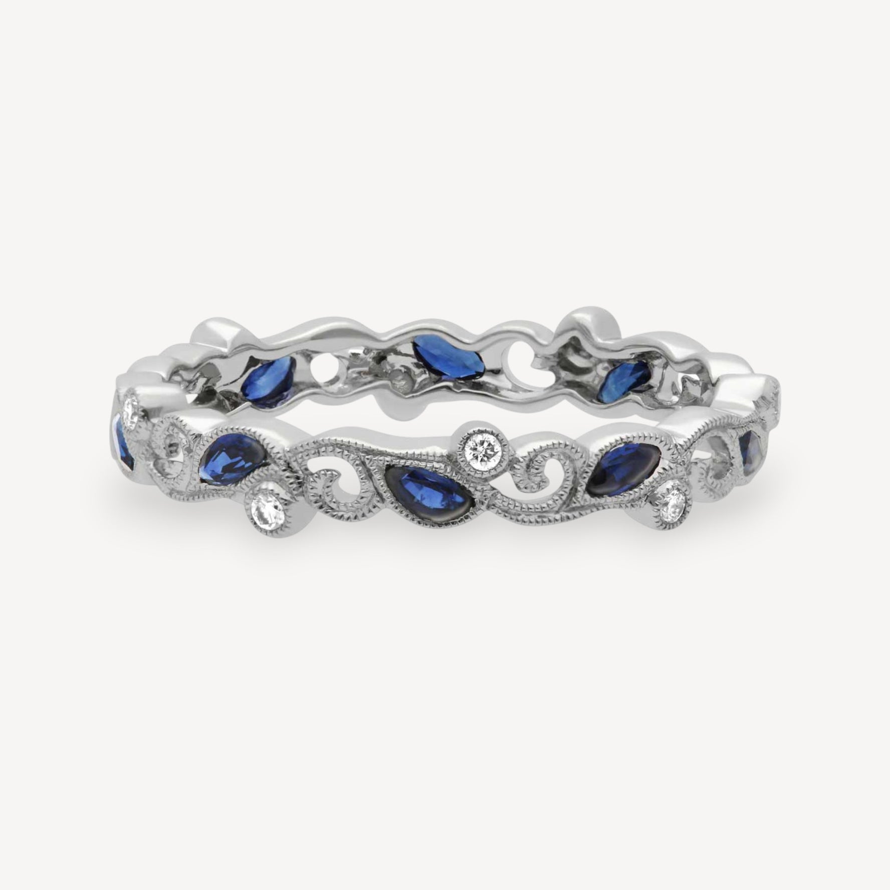 Slim White Gold, Diamond & Blue Sapphire Band
