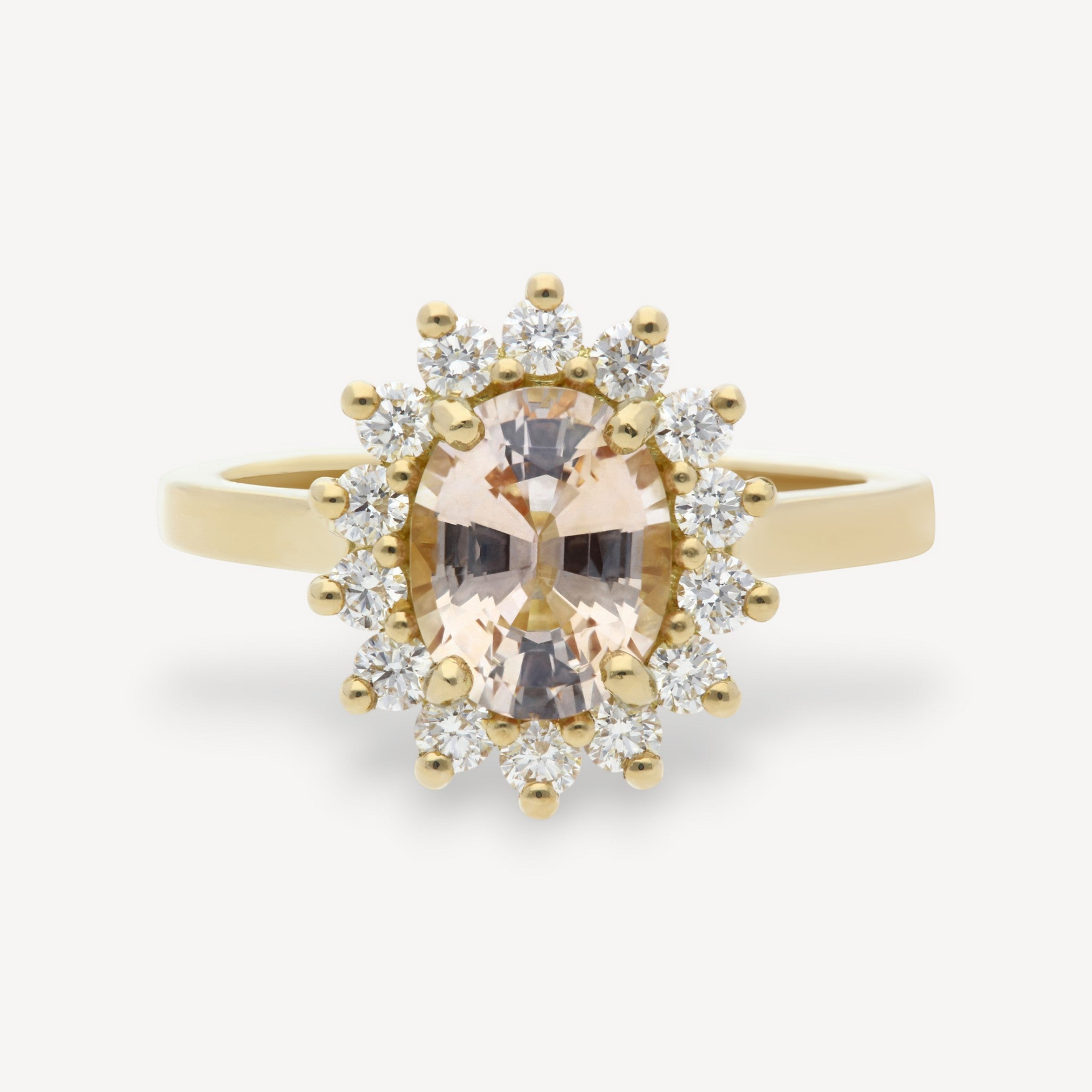 FLORENCE Peach Sapphire and Diamond Cluster Engagement Ring by ethical jeweller E.C.One London made in our B Corp London workshop