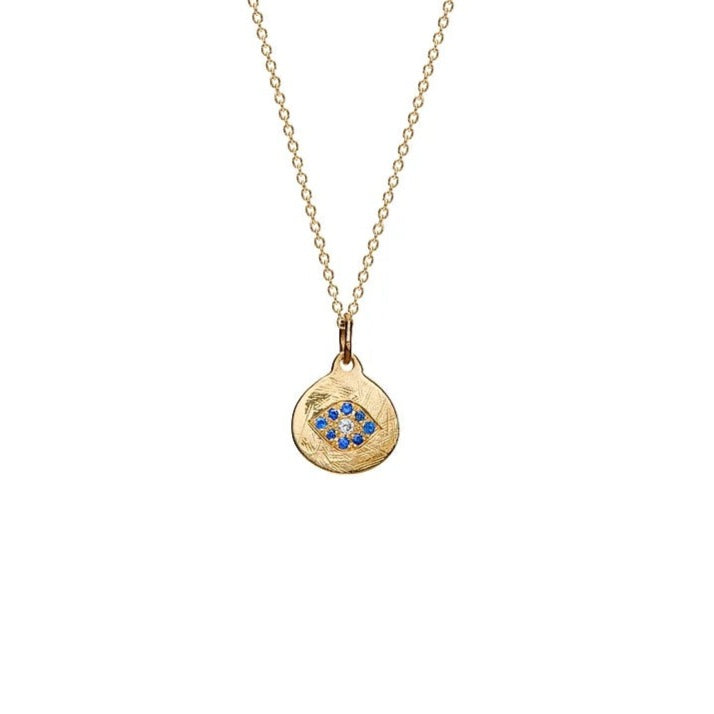 Eye Gold Disc Pendant Necklace with Blue Sapphires & Diamonds