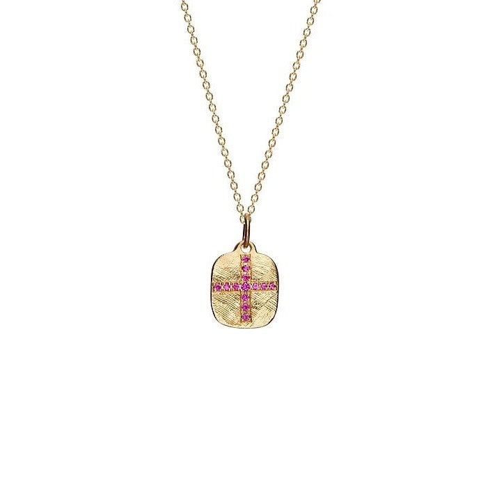 Gold Pendant Necklace with Ruby Cross