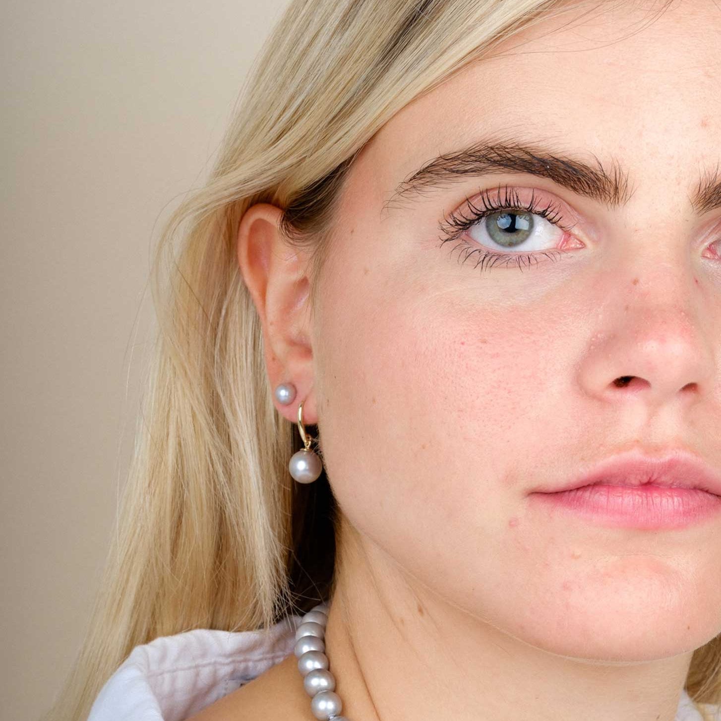 Grey Pearl Earrings Gold Hook Earrings at ethical jeweller E.C.One London