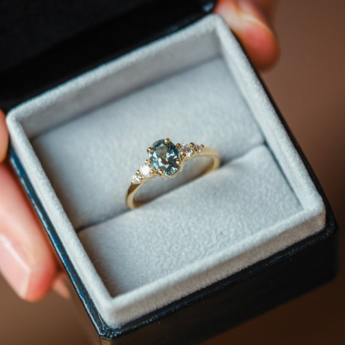GENEVIEVE Yellow Gold Oval Teal Sapphire & Diamond Engagement Ring