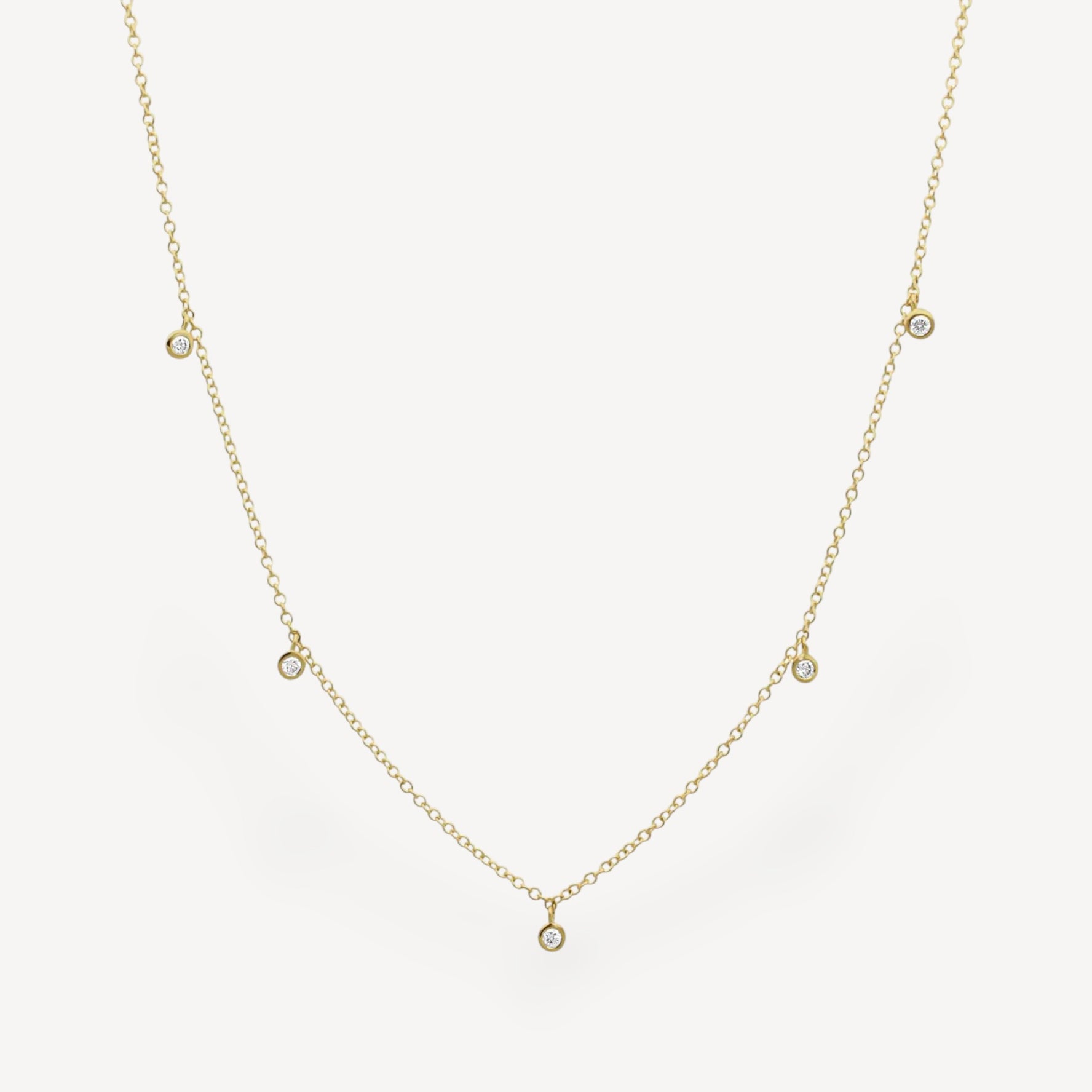 Dainty Gold Necklace with Five Hanging Diamonds