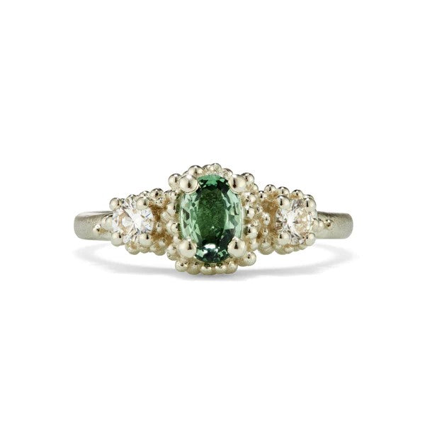 Hannah Bedford Triple Cluster Ring Oval Green Sapphire & Round Diamonds White Gold at ethical jeweller E.C. One London