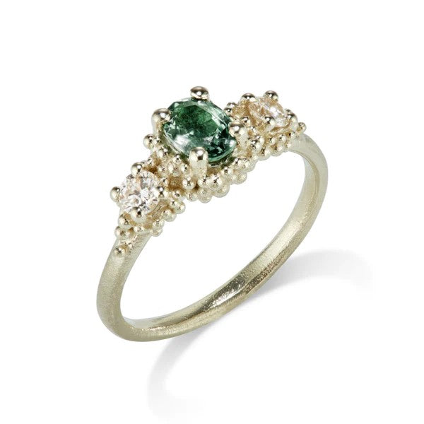 Hannah Bedford Triple Cluster Ring Oval Green Sapphire & Round Diamonds White Gold at ethical jeweller E.C. One London