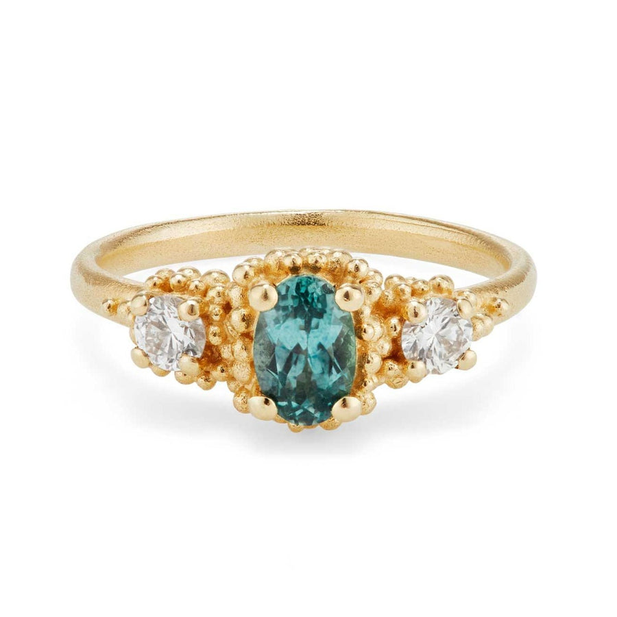 Hannah Bedford Triple Cluster Ring Oval Teal Sapphire & Diamond Yellow Gold at EC One London