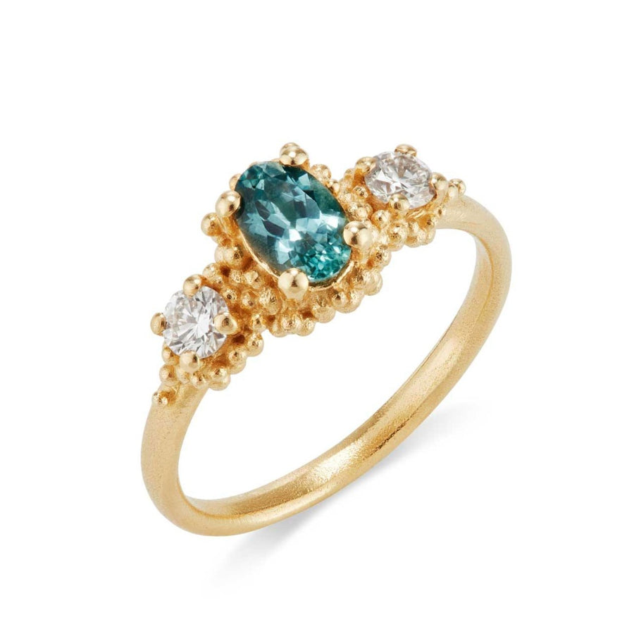 Hannah Bedford Triple Cluster Ring Oval Teal Sapphire & Diamond Yellow Gold at EC One London