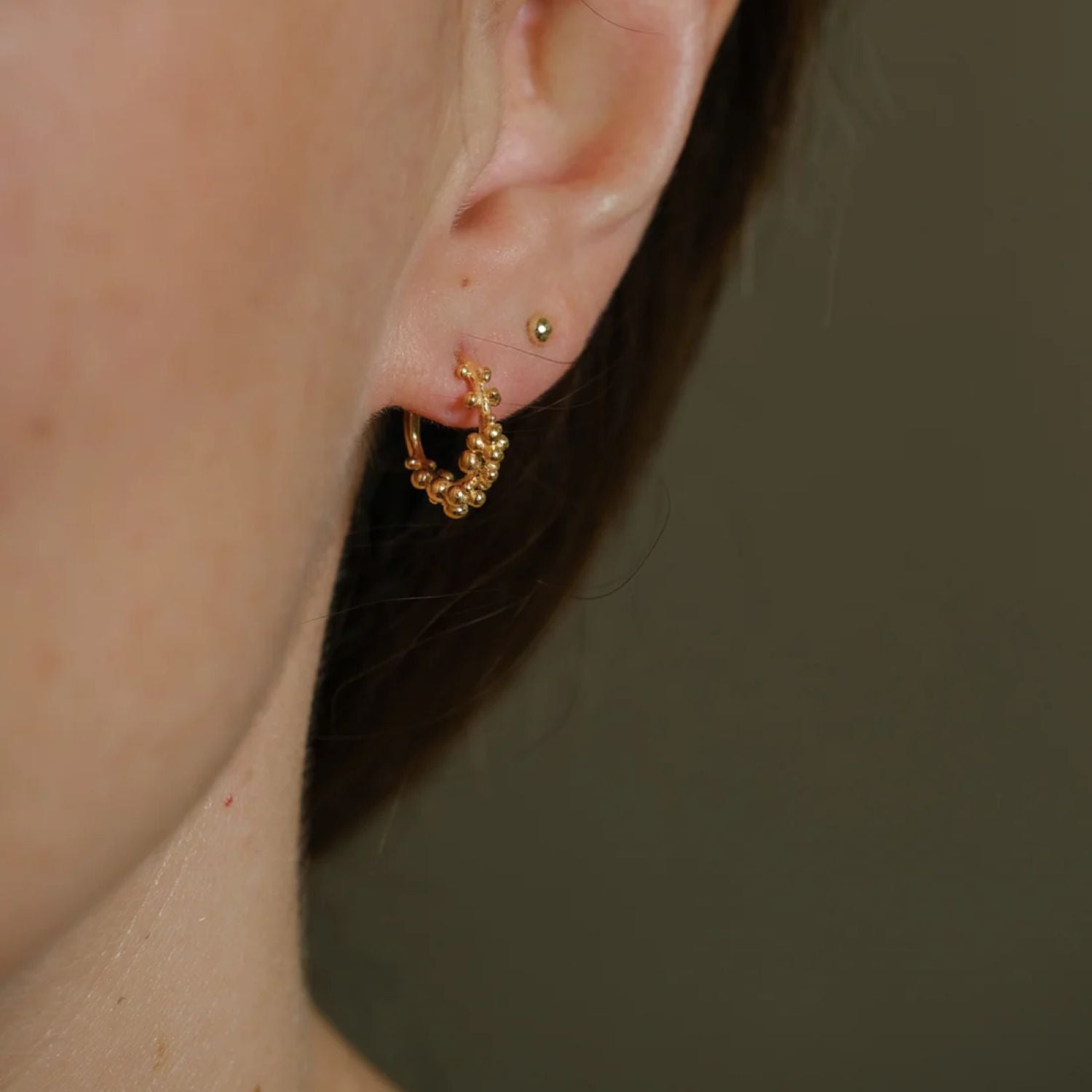 Hannah Bedford at ethical jeweller E.C.One GRANULE Petit Gold Hoops