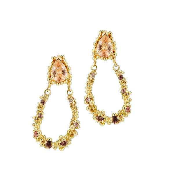 Hannah Bedford RAINDROP Morganite Drop Earrings Yellow Gold at ethical jewellers E.C. One London