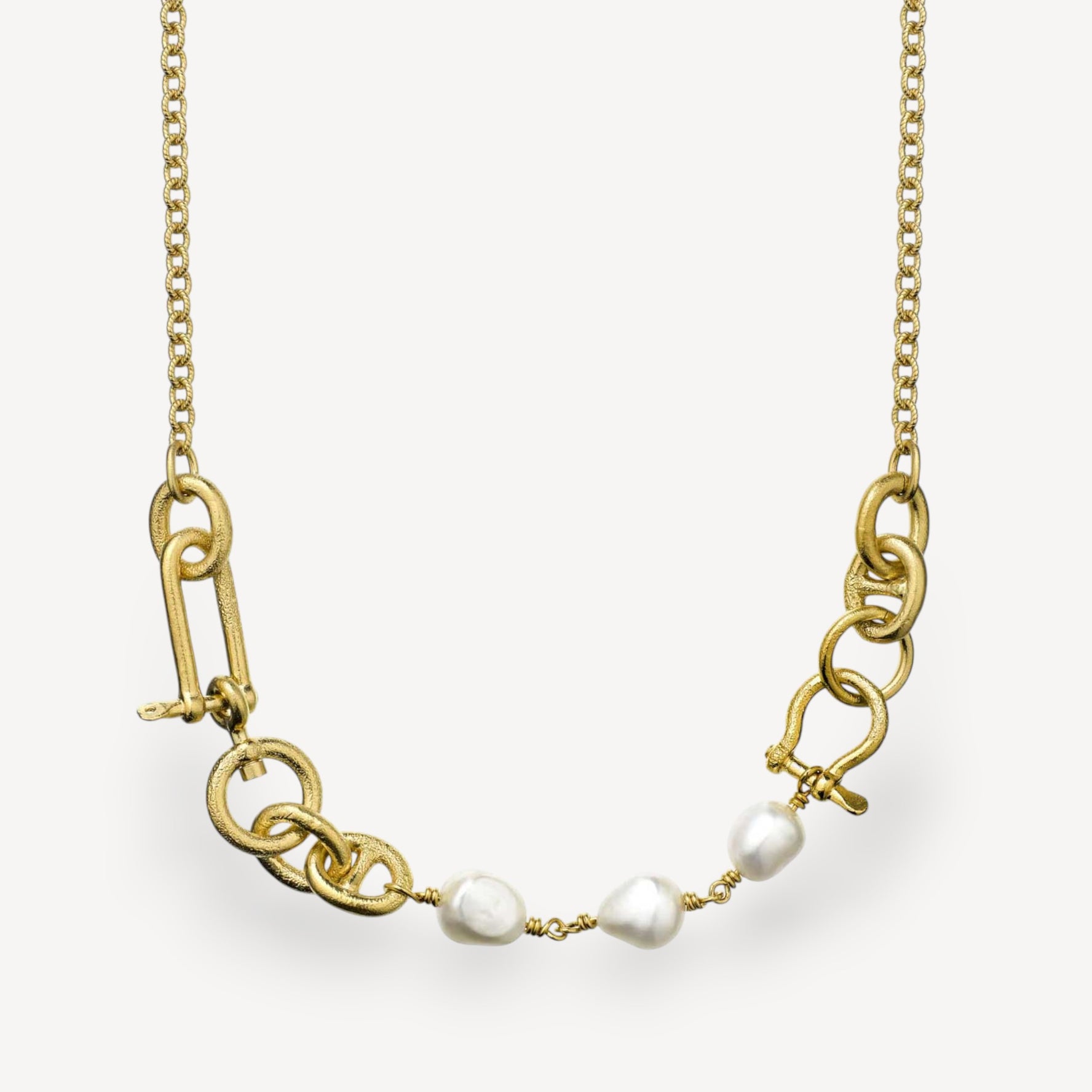 Heavy Boatyard Link Chain & Freshwater Pearl Statement Necklace Gold Plated