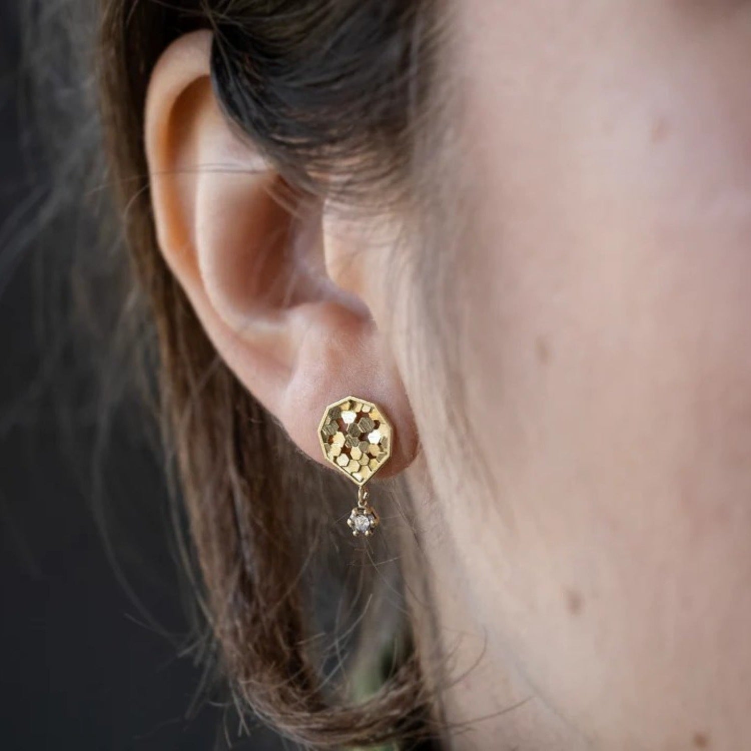 Jo Hayes Ward at ethical jewellers E.C.One London CHAOS HEX Drop Earrings Yellow Gold with Salt & Pepper Diamonds