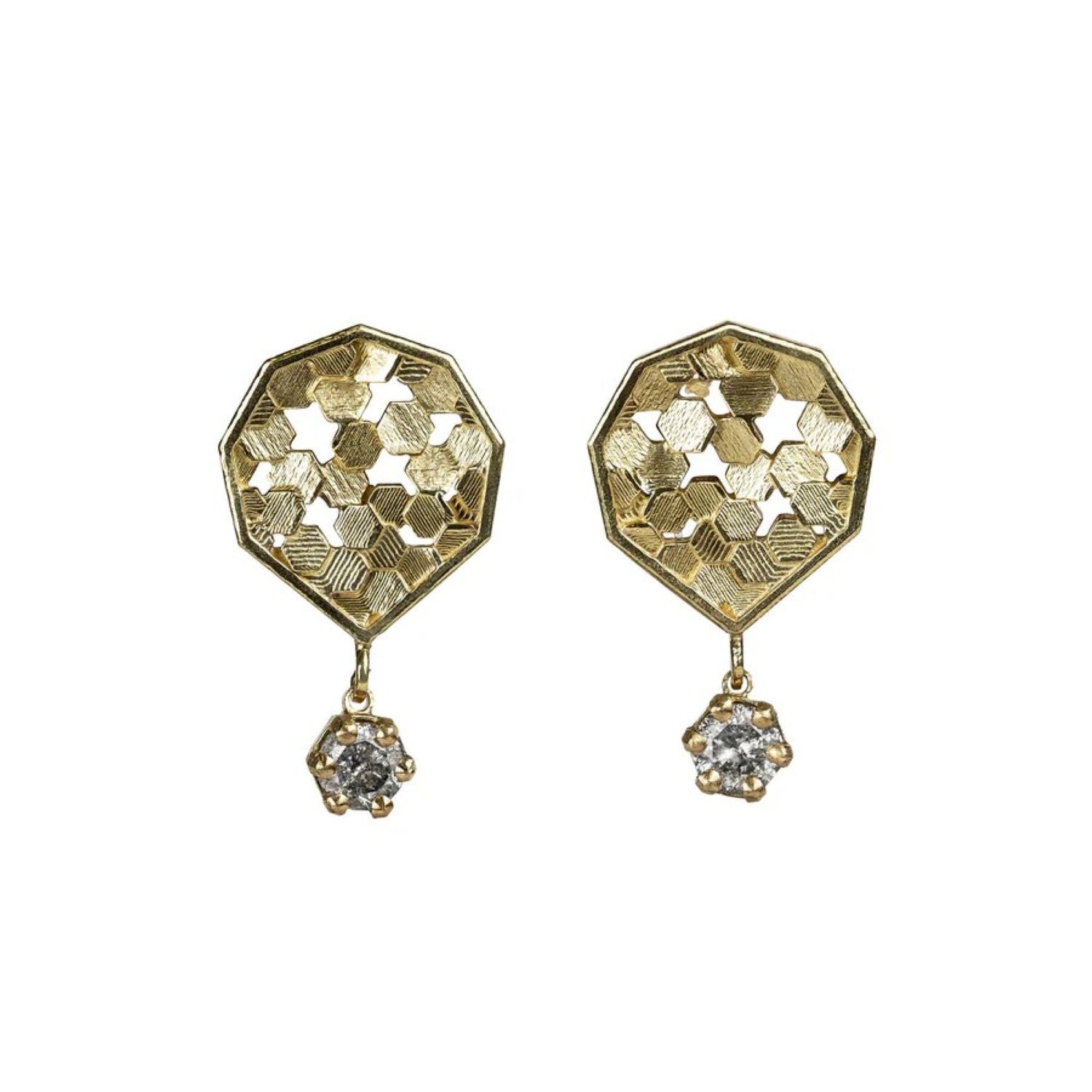 Jo Hayes Ward at ethical jewellers E.C.One London CHAOS HEX Drop Earrings Yellow Gold with Salt & Pepper Diamonds