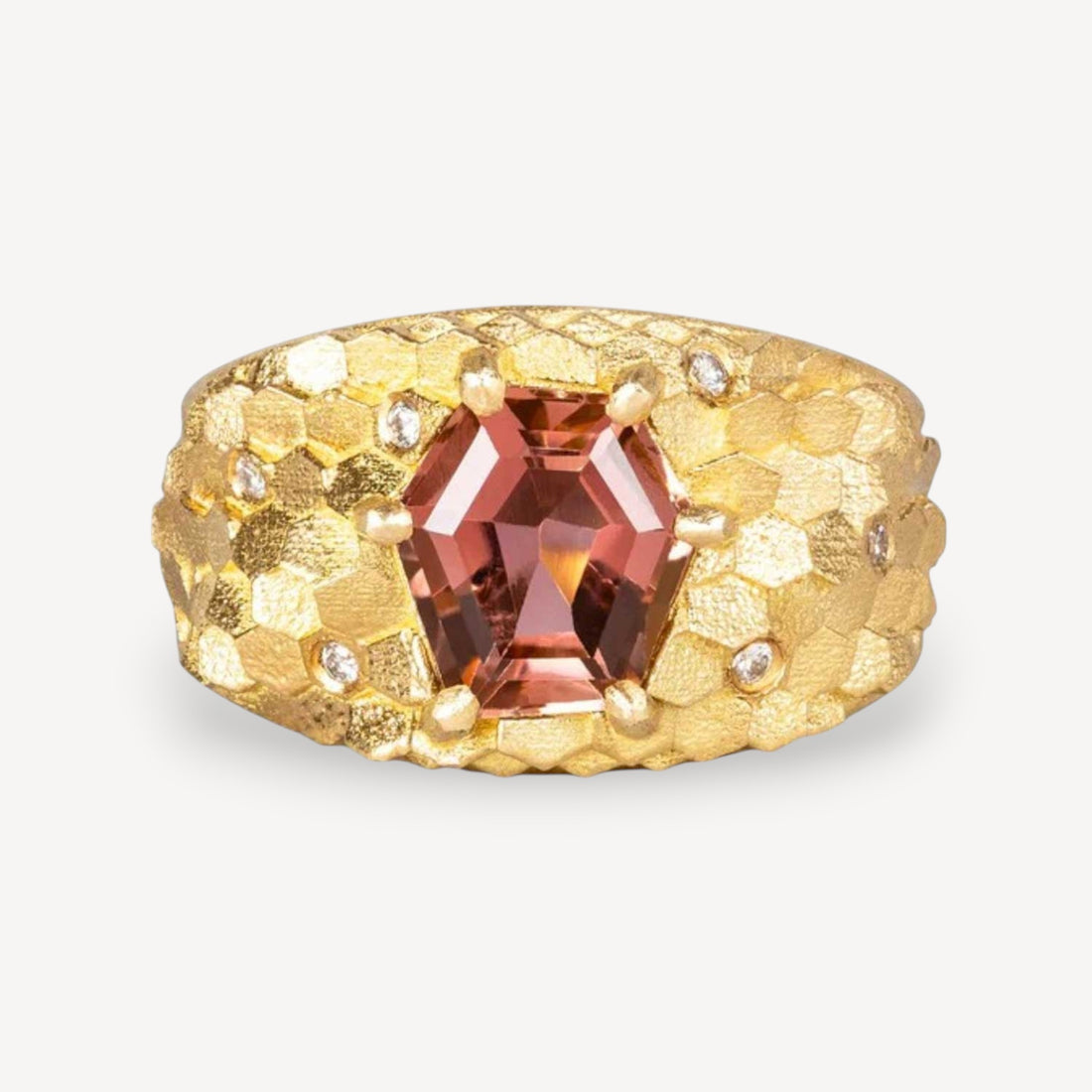 HEX Tapered Ring Yellow Gold with Peach Tourmaline & Diamonds
