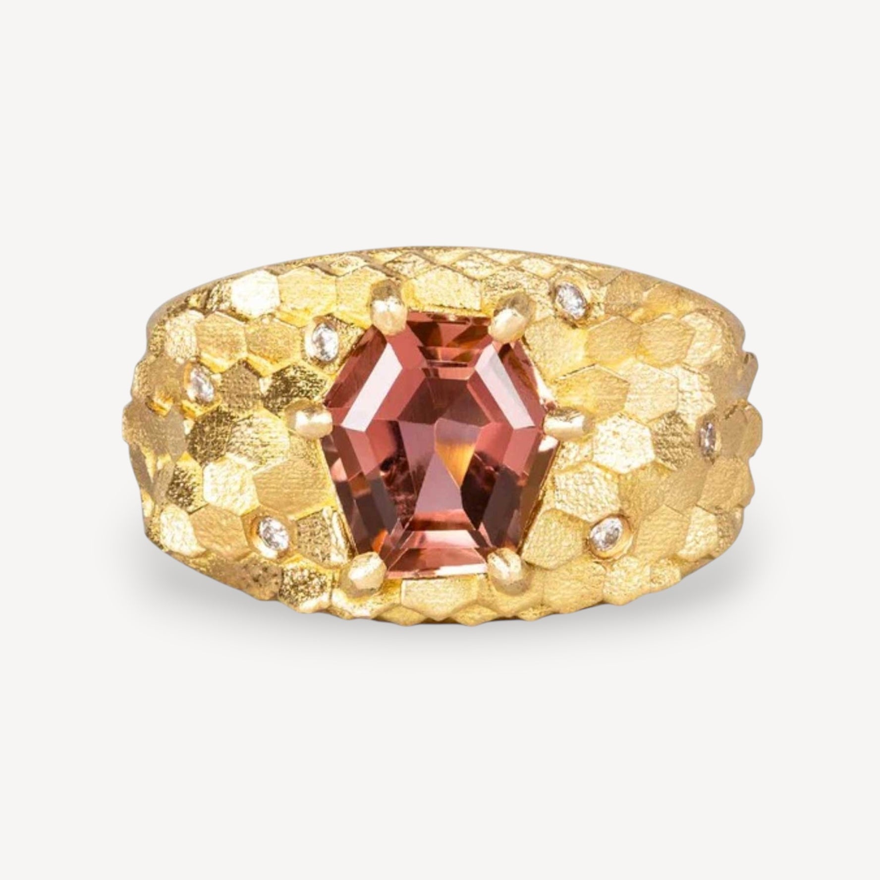HEX Tapered Ring Yellow Gold with Peach Tourmaline & Diamonds