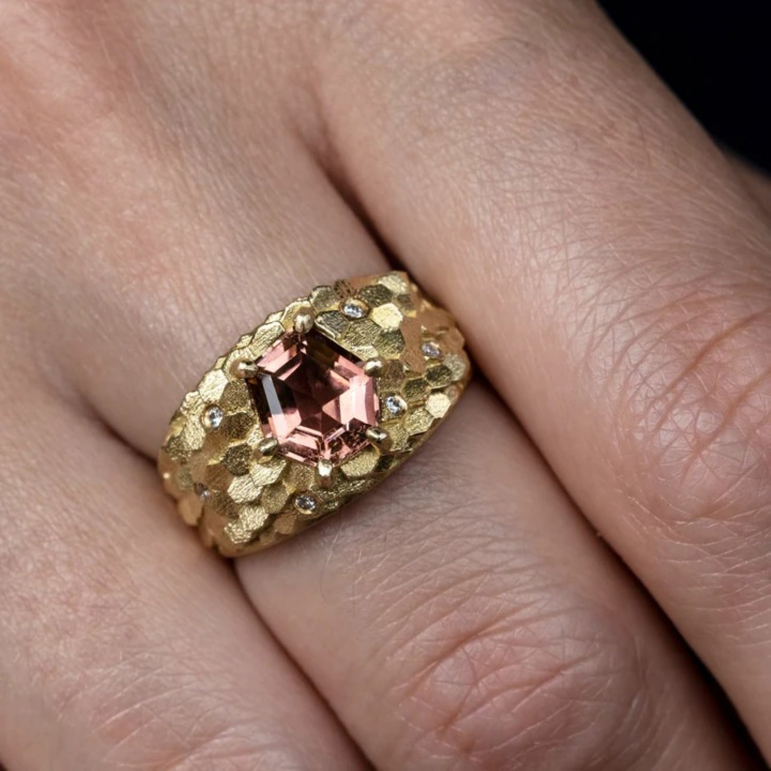HEX Tapered Ring Yellow Gold with Peach Tourmaline & Diamonds by Jo Hayes Ward at ethical jeweller E.C.One London