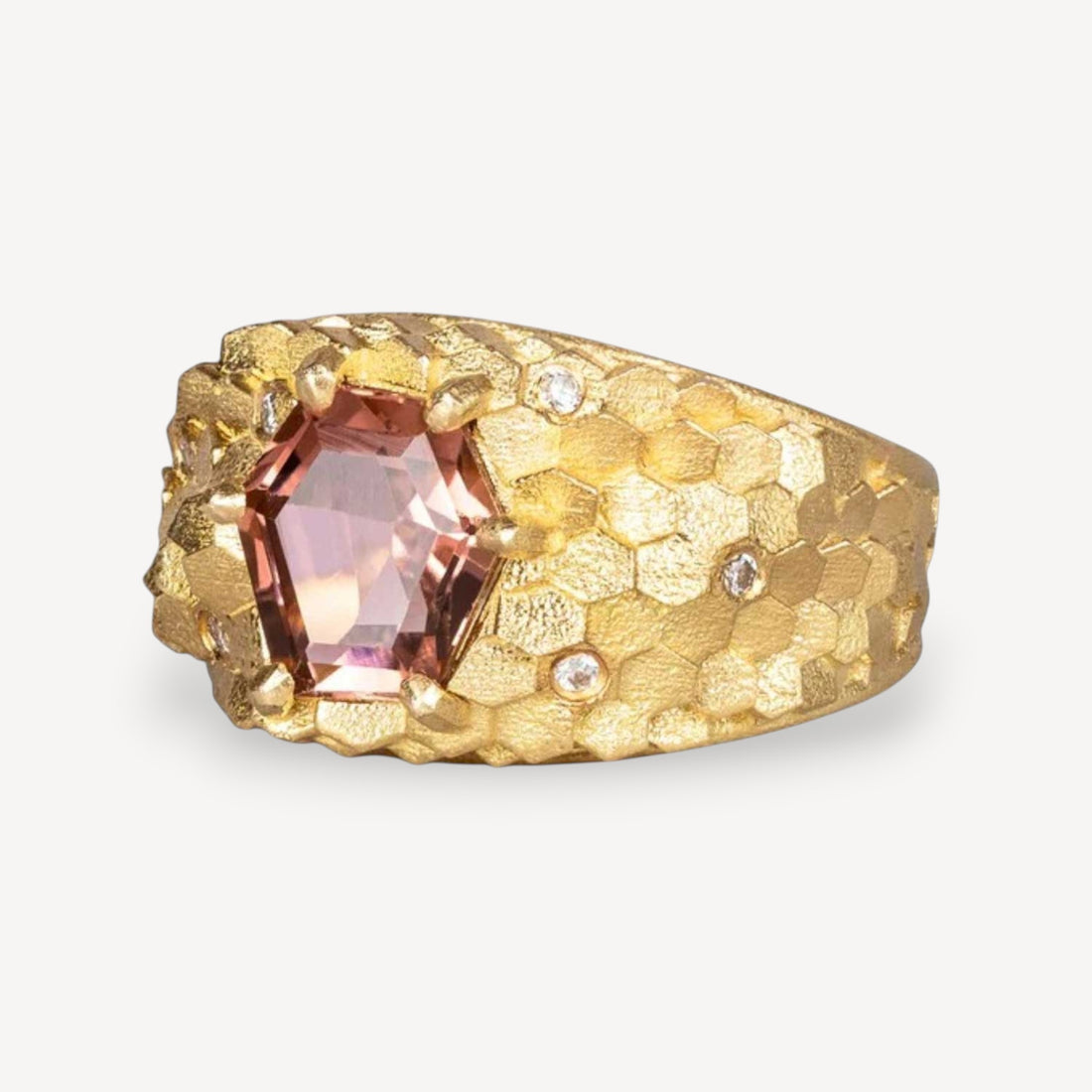 HEX Tapered Ring Yellow Gold with Peach Tourmaline & Diamonds