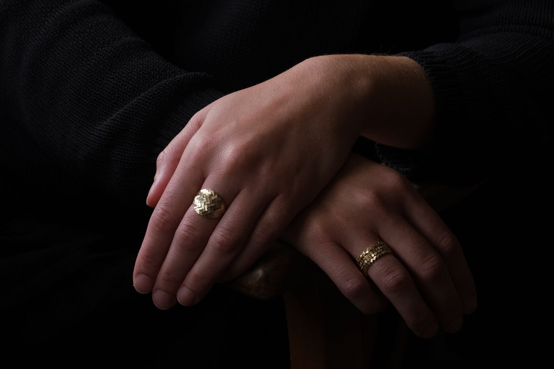 Jo Hayes Ward at ethical jeweller E.C.One PARQUET Small Shield Ring Yellow Gold with Diamonds