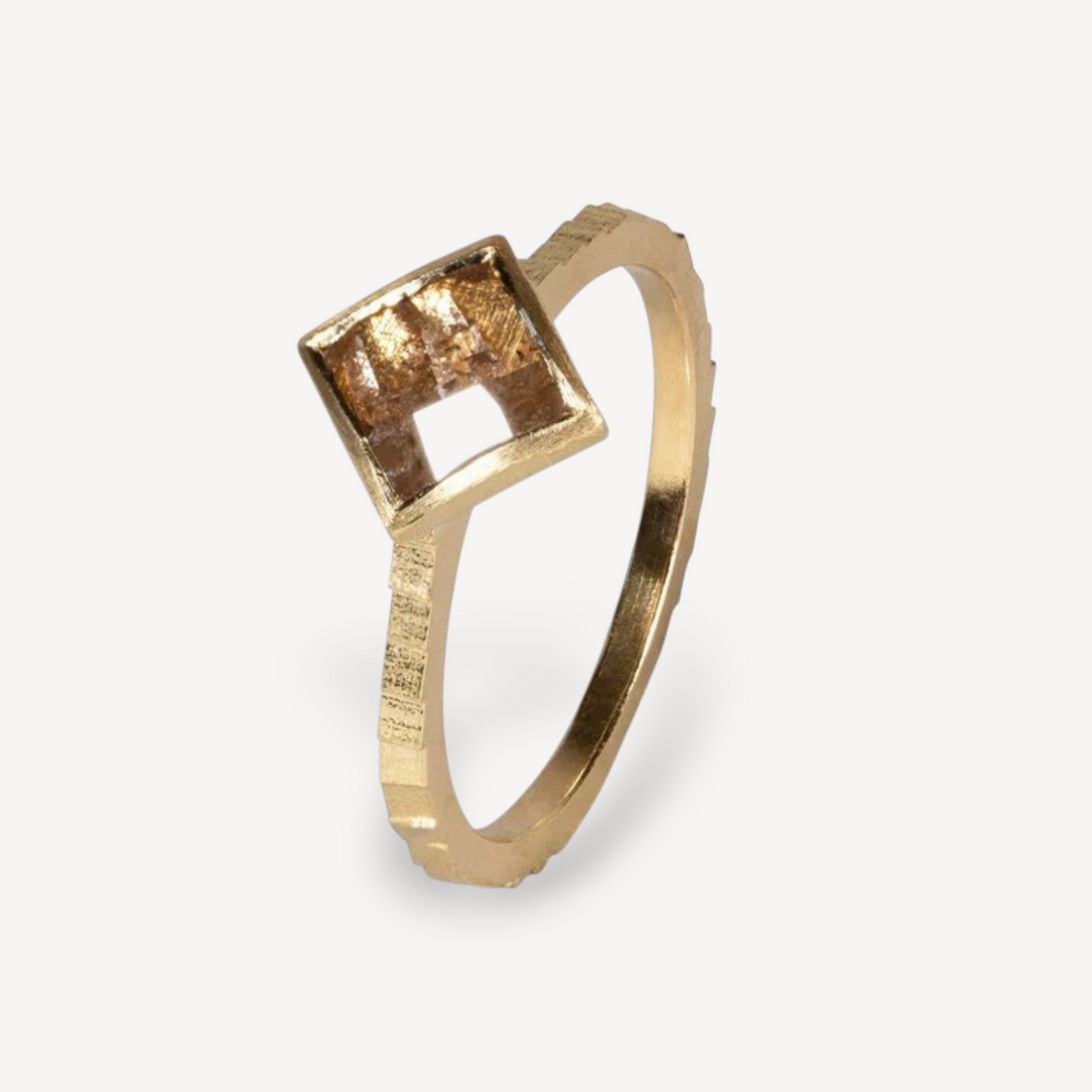 Jo Hayes Ward at ethical jewellers E.C.One London SQUARE Band with Salt & Pepper Square Diamond Yellow Gold Ring