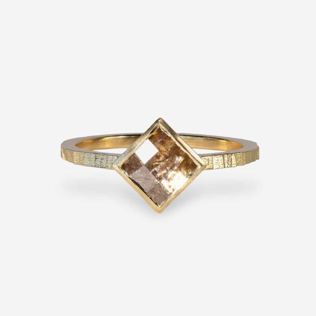 Jo Hayes Ward at ethical jewellers E.C.One London SQUARE Band with Salt & Pepper Square Diamond Yellow Gold Ring