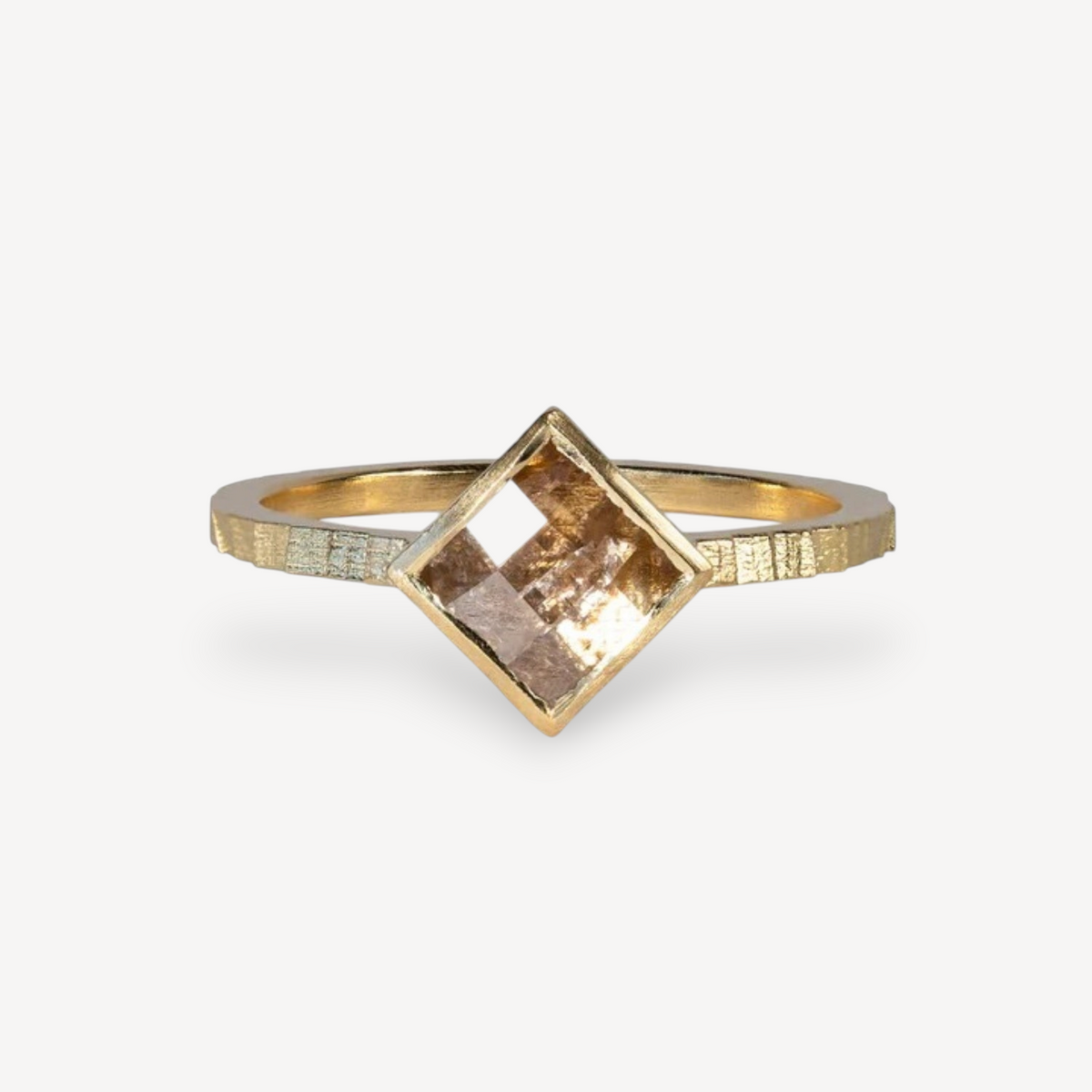 Jo Hayes Ward at ethical jewellers E.C.One London SQUARE Band with Salt & Pepper Square Diamond Yellow Gold Ring