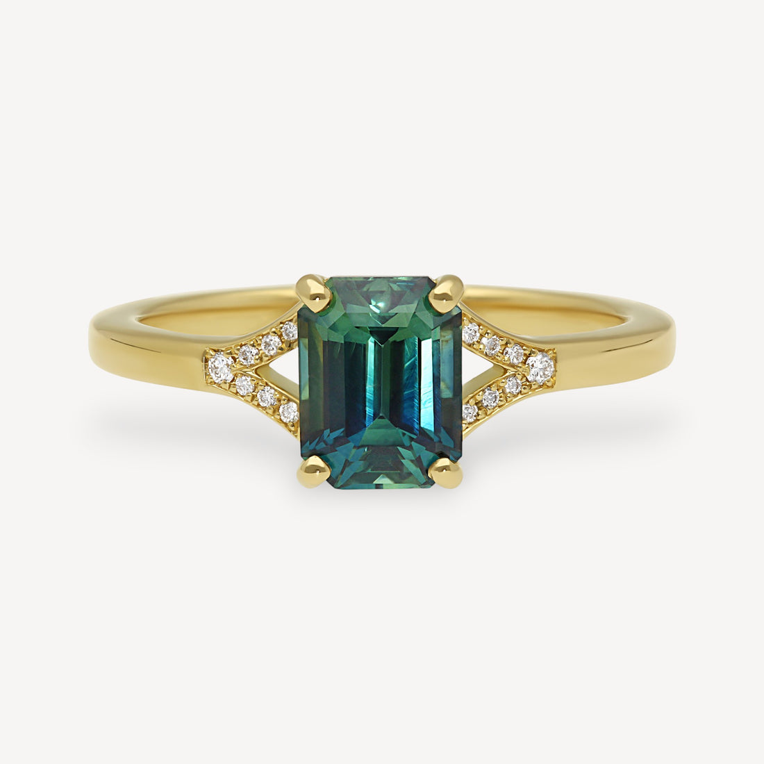 JUNO Gold Solitaire Ring with Octagon Teal Sapphire & Diamonds