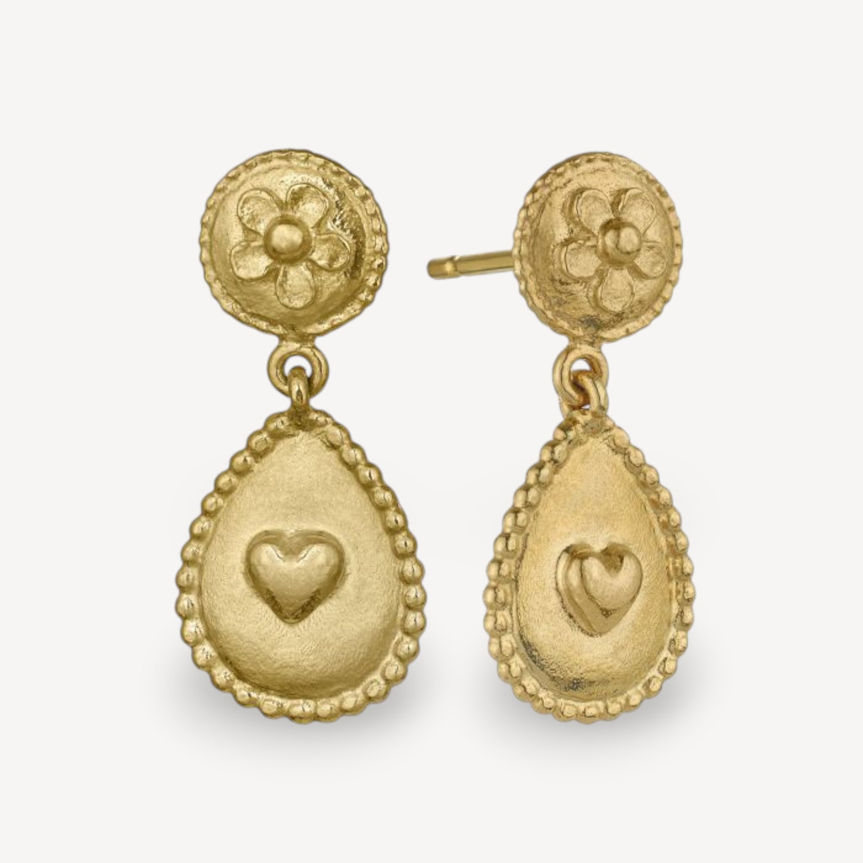 Love of Nature Heart & Flower Drop Earrings Gold Plated