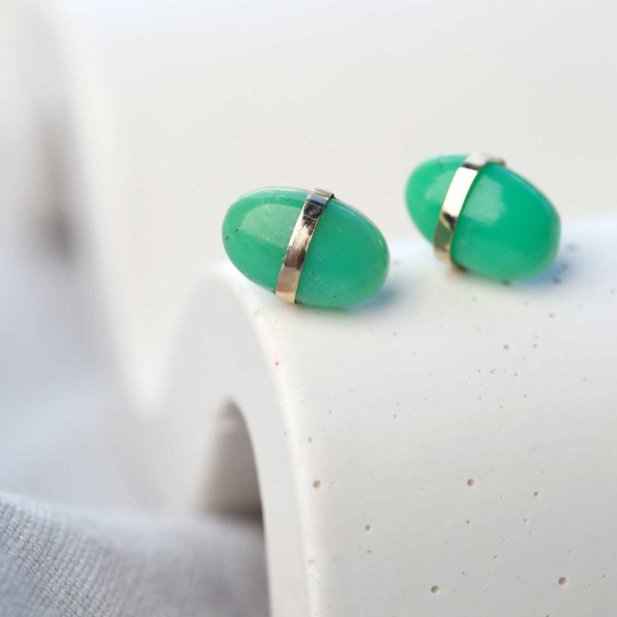 Melissa Joy Manning at EC One London wrapped Chrysophrase stud earrings in recycled gold