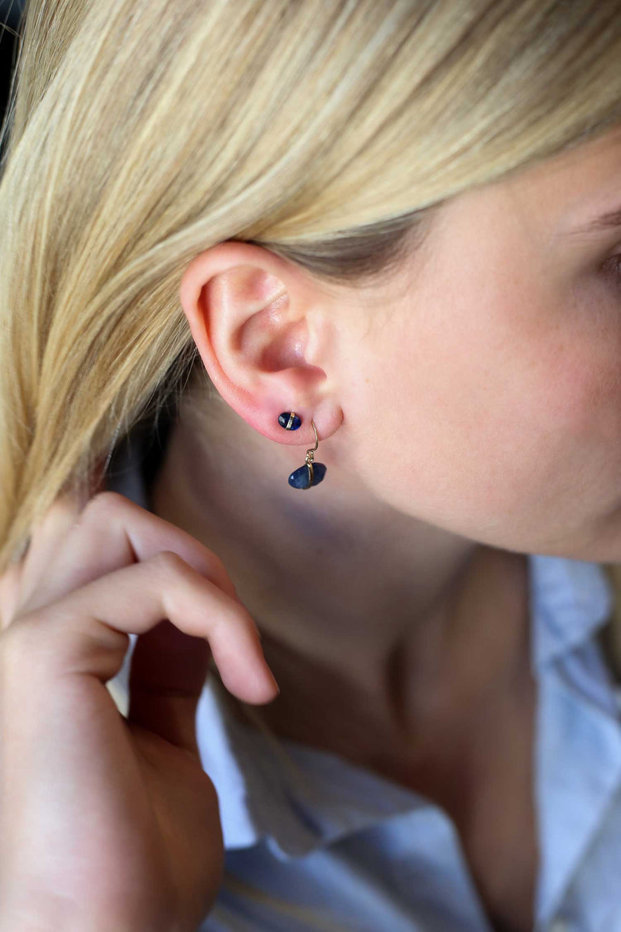 Melissa Joy Manning at EC One London wrapped mini kyanite stud earrings in recycled gold