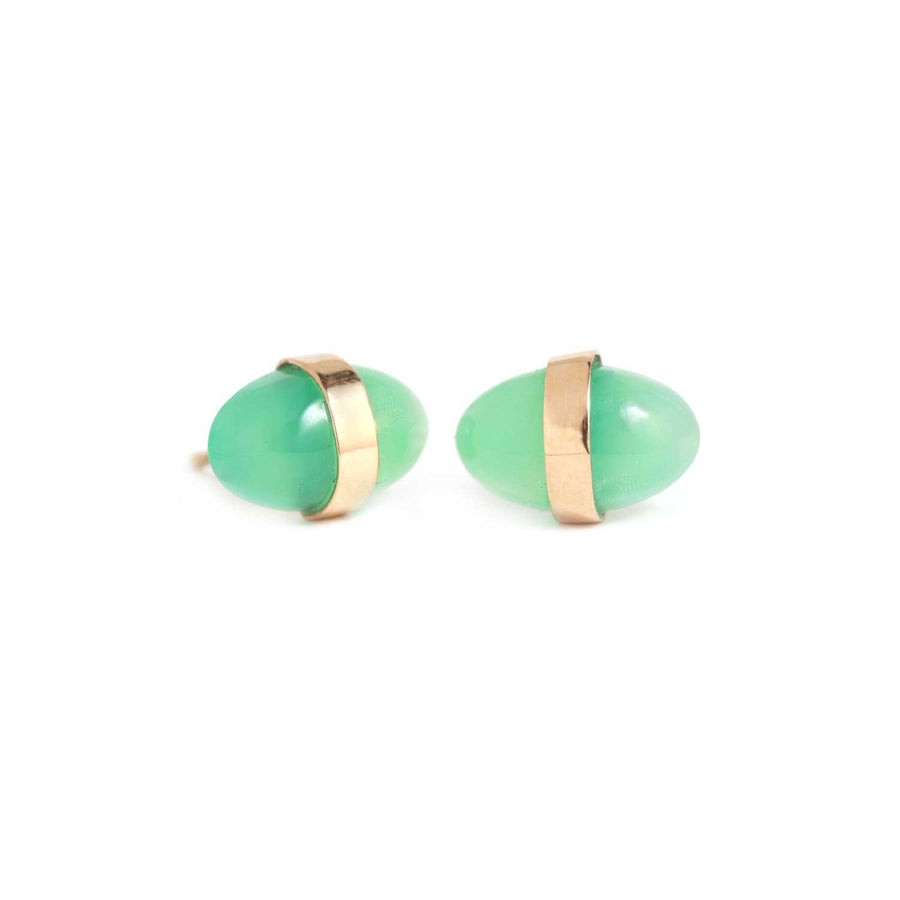 Melissa Joy Manning at EC One London wrapped Chrysophrase stud earrings in recycled gold