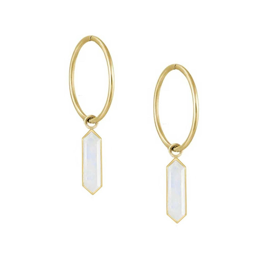 Metier Pair Large Gold Clicker Hoops with Moonstone HEXA Drops at ethical jewellers E.C.One London