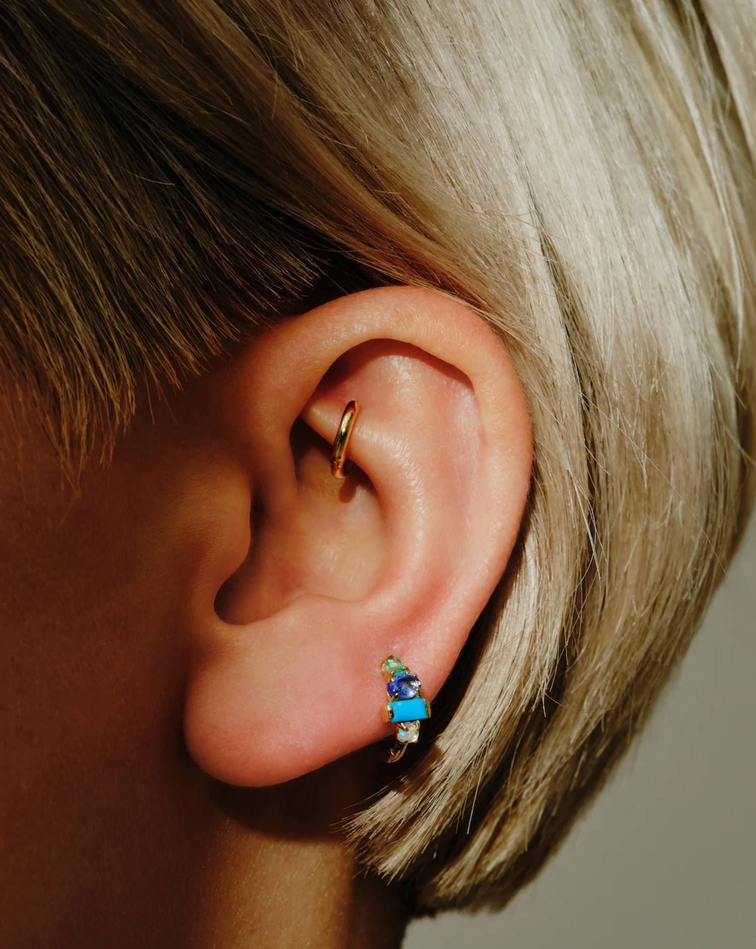 AM-PM Huggie with Emerald, Tanzanite, Turquoise & Opal SINGLE by Metier at ethical jeweller E.C.One London