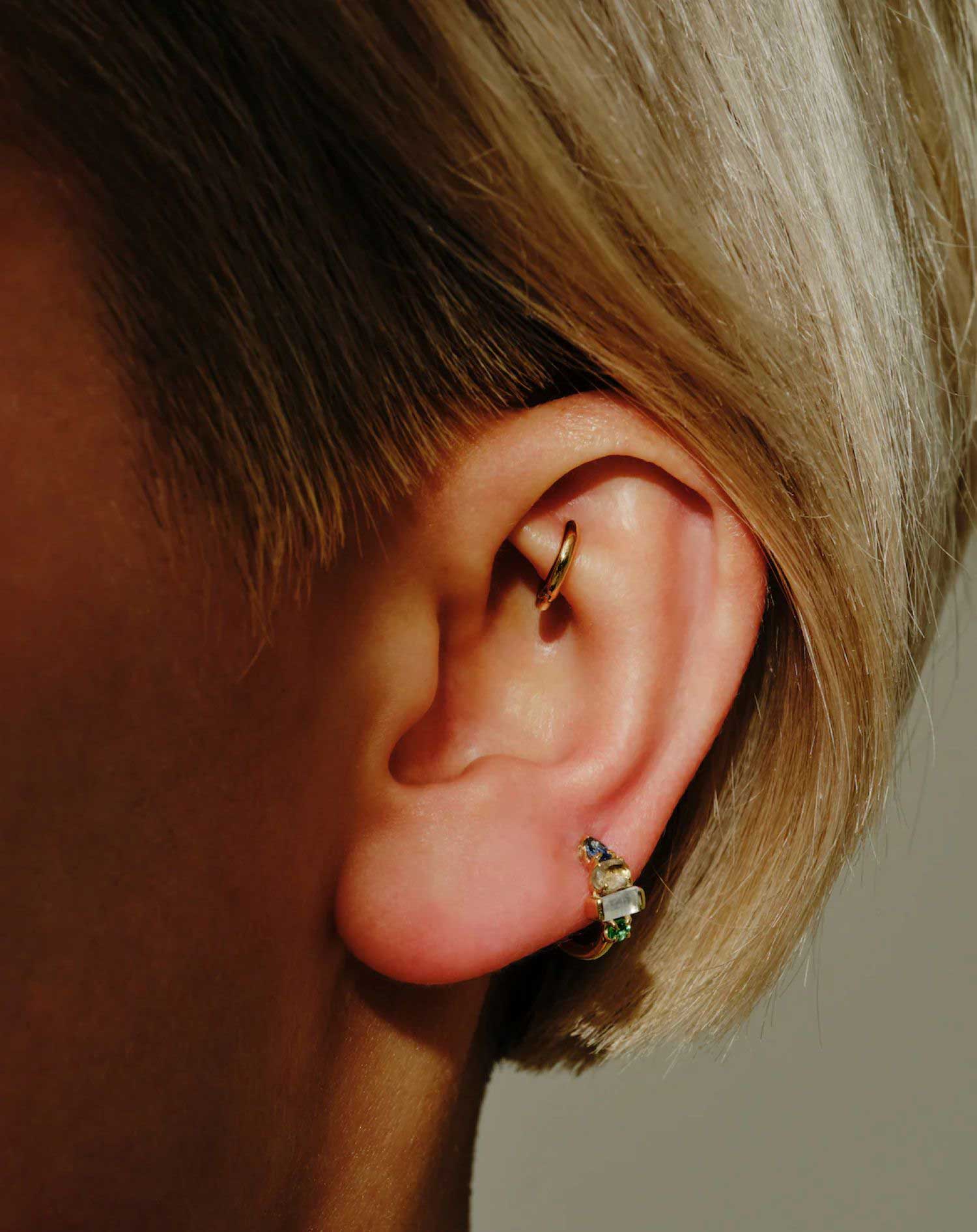 Metier at E.C. One London AM-PM Huggie with Blue Sapphire, Morganite, Moonstone & Emerald SINGLE