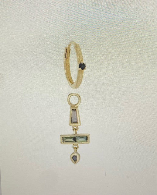 AZ Grey Moonstone, Green Tourmaline Totem Plaque Hoop Earring SINGLE