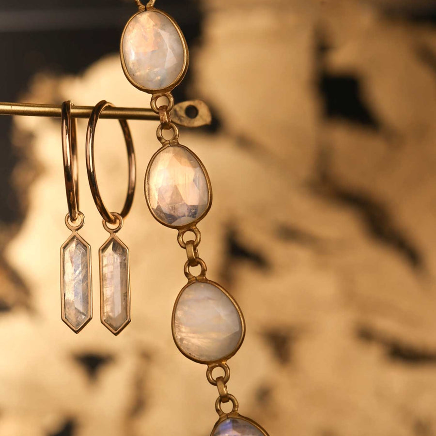 Metier Pair Large Gold Clicker Hoops with Moonstone HEXA Drops at ethical jewellers E.C.One London