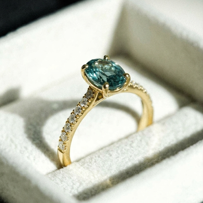 NANCY Oval Teal-Blue Sapphire and Diamond Ring