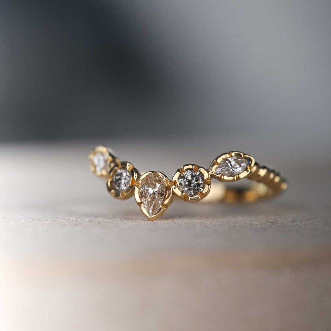 Natalie Perry Grey, White & Champagne Diamond Statement Wishbone Ring at ethical jewellers EC One London