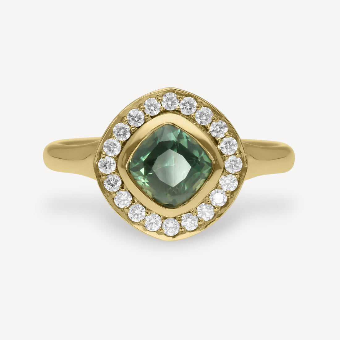 FRAME Gold Cushion Teal Sapphire Ring with Diamond Halo