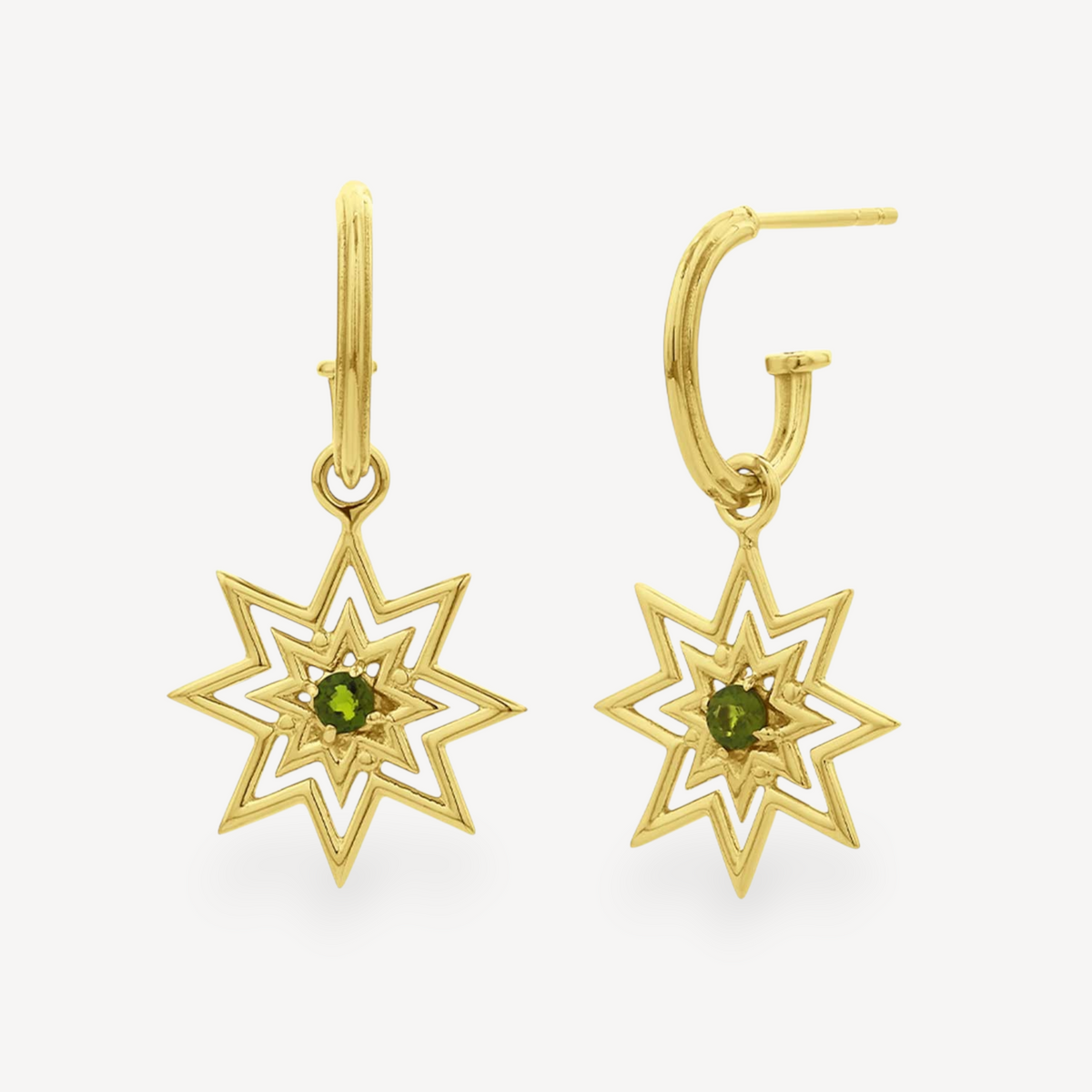 EC One NORA hoop earrings in gold plated metal featuring a starburst charm with a central green chrome diopside gem
